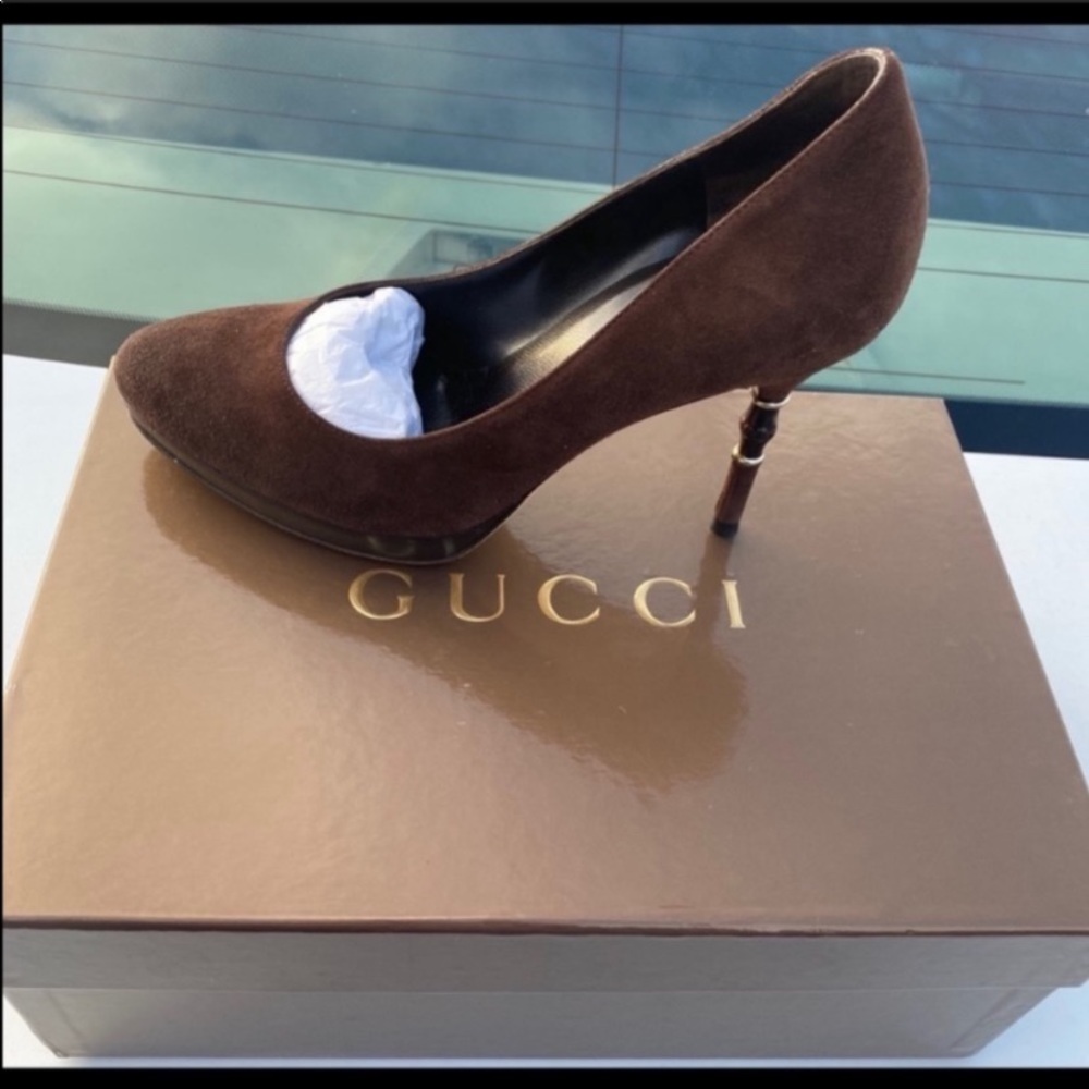 Gucci brown coco stiletto with slight wedge has gorgeous bamboo h…